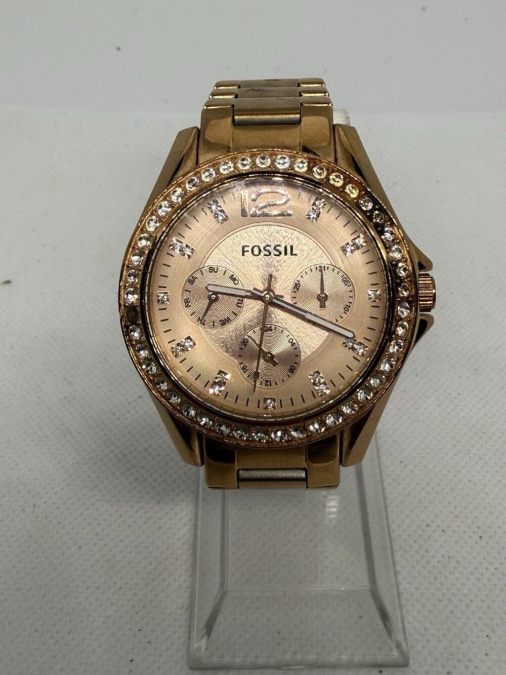 Fossil Riley ES2811 Womens Rose Gold-Tone Crystal Multifunction Watch 38mm